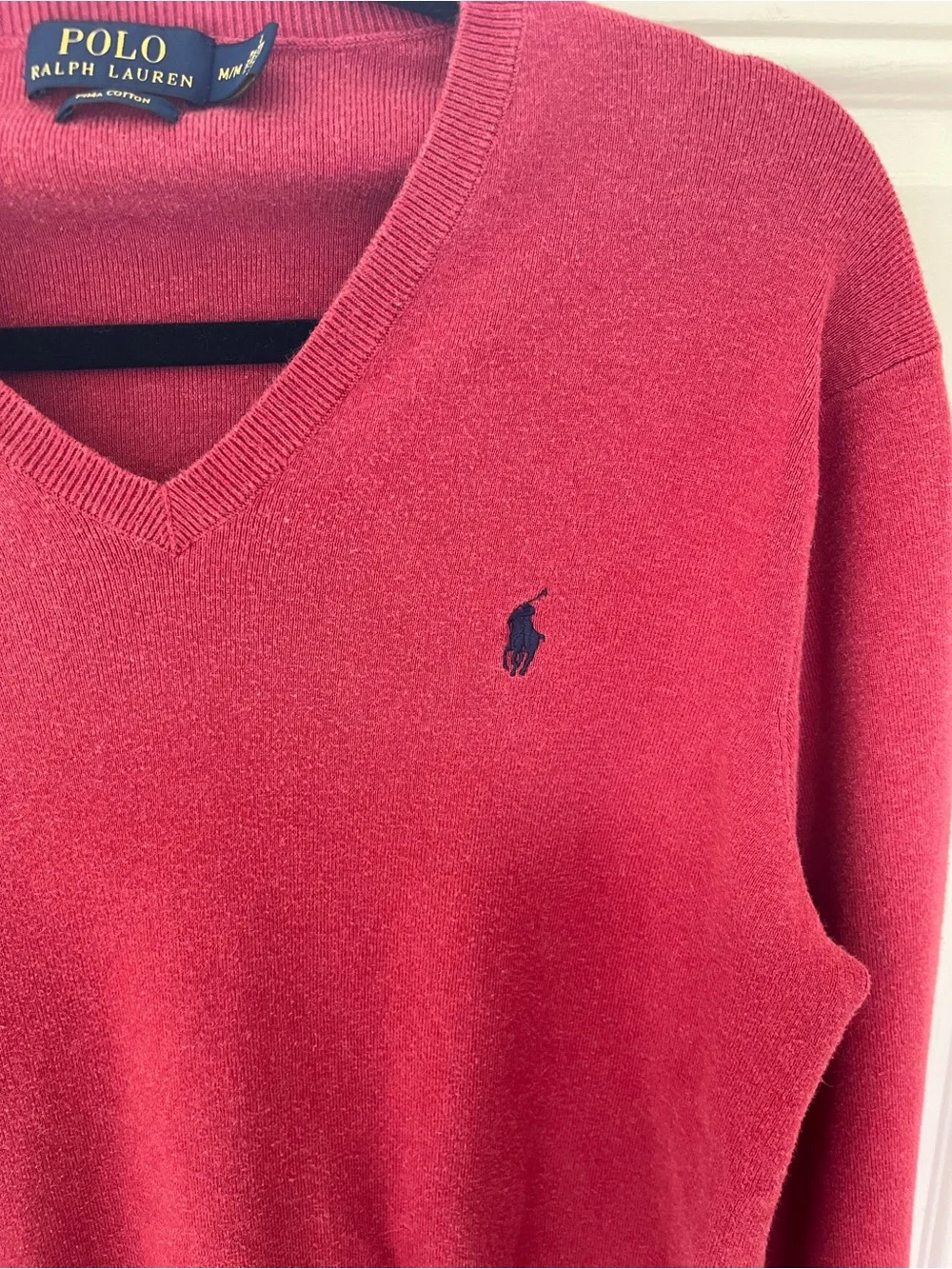 Polo Ralph Lauren Men's Med V-Neck Sweater Deep Red with Navy Logo Pima Cotton